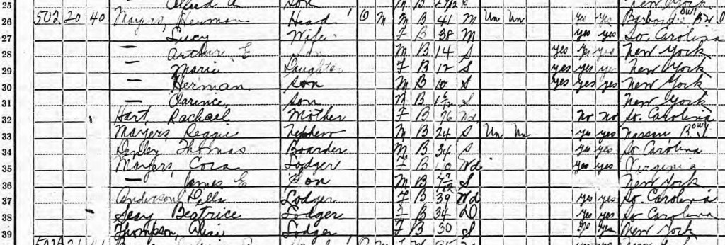 In 1920, the Mayers had 14 people living at their house. Apparently, at least eight were family member (immediate and extended), while six were boarders. Everyone, with one exceptions, seemed to be either from the Caribbean, South Caroline, or New York.