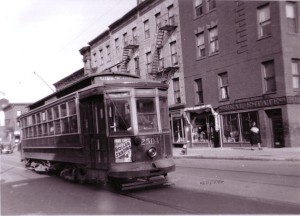 The Sumner Avenue trolley at the corner of Macon Street and Sumner Avenue, where a similar trolley was passing at the time of the explosion.