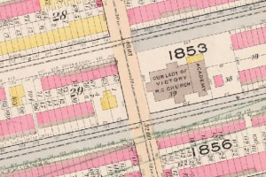 1897-8 Sanborn Map showing the original structures at the corner of Throop and MacDonough.