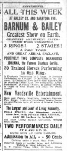 An 1897 ad for Barnum and Bailey, after they had migrated to Saratoga Fields.