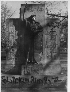 The memorial sometime in the 1970s, the rolls stolen and vandalized with graffiti.