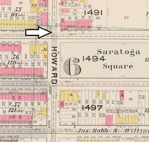 The location of Capt. Palmer's 30 sharpshooters who, at the corner of Halsey St. and Howard Ave., fired on a crowd of 200.
