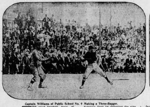 A high school championship game being played in front of large crowds at Saratoga Field. (Brooklyn Daily Eagle, Tues., 30 June 1908).