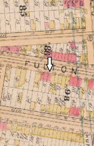 1,772 Fulton St., the brick building where Wong Sing Bow, Minnie, and their son, George, lived (1886 Robinson's Atlas of the City of Brooklyn)