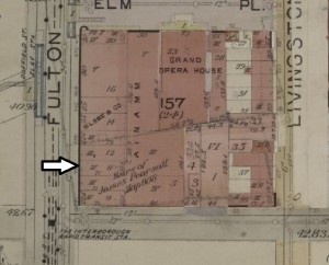 James Cassidy, Jr.'s sstore at 454 Fulton Street opposite the Duffield Street elevated station and near the Grand Opera House.