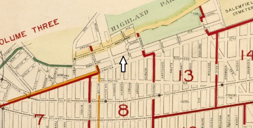 The white arrow shows the location of Sunnyside Avenue.