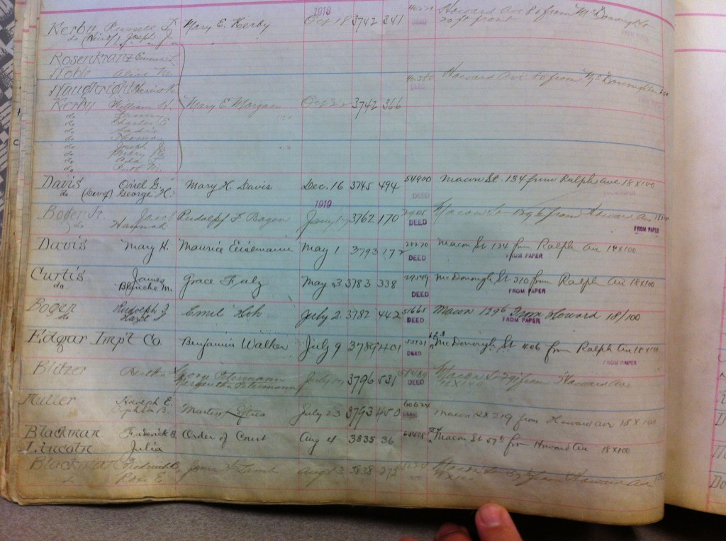 This is an entire page of the Property Book for the lot that 738 Macon Street sits upon, showing the sales on the block for part of 1918 and 1919.