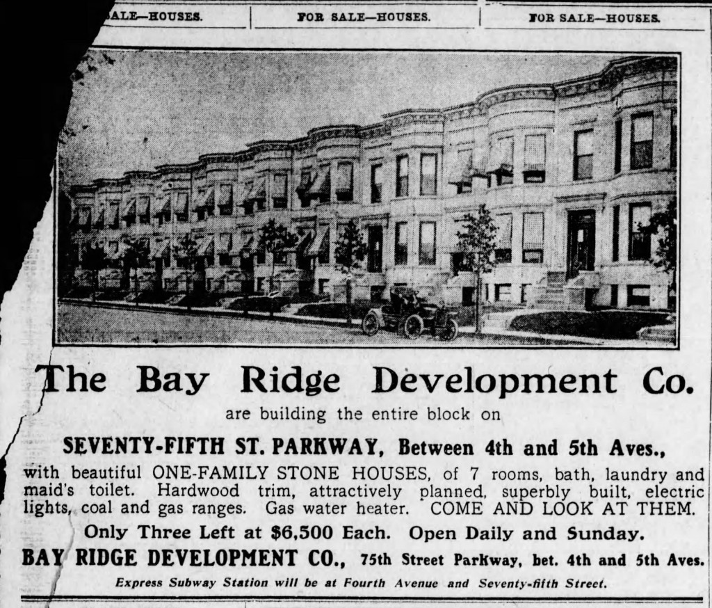 An ad announcing the entire block of 75th Street (btwn 4th and 5th avenues) being built with "one-family stone houses," incl. a "maid's toilet." (Bklyn Daily Eagle, 30 June 1907)