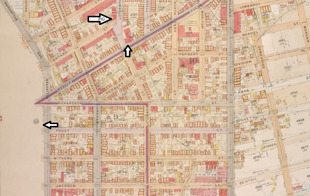 Top arrow = pig's home, 314 Bayard; middle arrow = precinct house; bottom arrow = Walsh's home, 393 Ewen