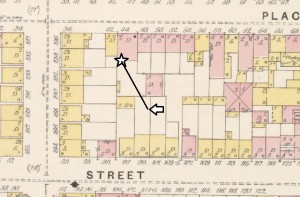 Map showing the location of Hartig and Mulenhausen and that of Cullom when the shot was fired and Cullom was struck. (1887 Sanford Insurance Map)
