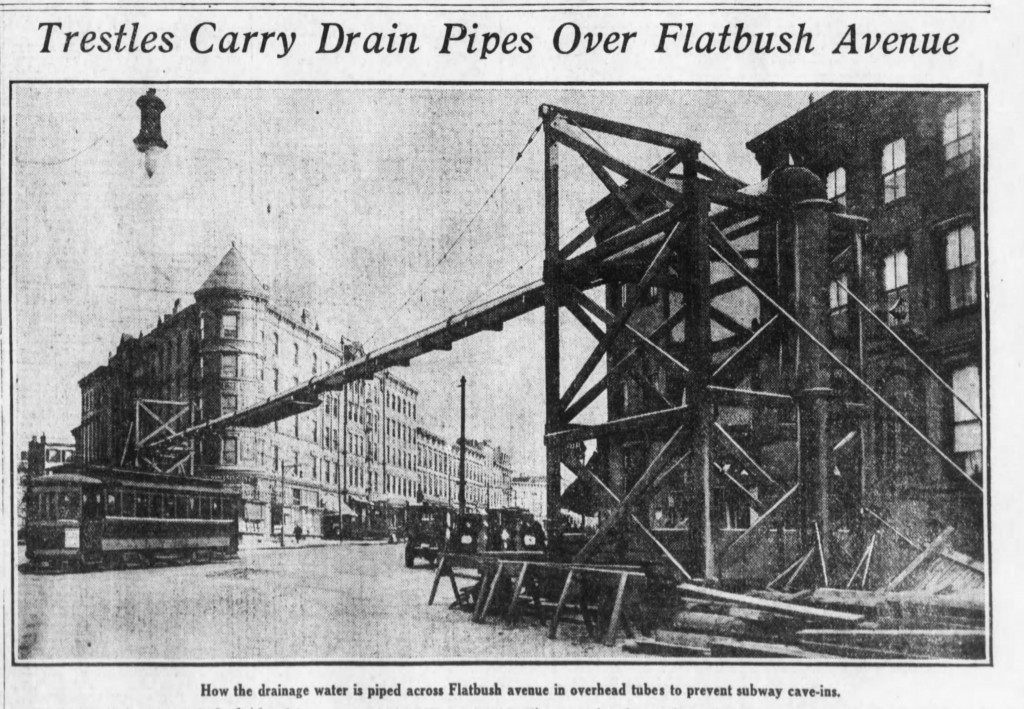 The system of overhead drainage "from the main cuts to trunk sewers." This tube existed over the street at St. Marks Avenue. (Bklyn Daily Eagle, 3 March 1915)