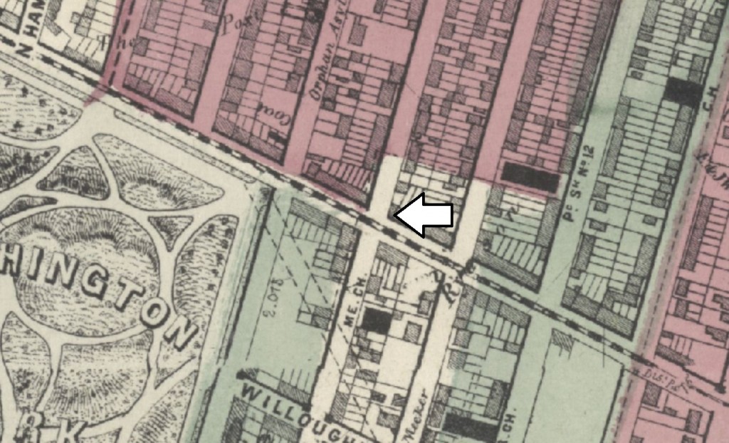 Myrtle & Carlton Avenues, where loafers congregated in 1864 (1855 Atlas of Brooklyn).