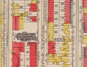 1907-08 Sanborn map showing Our Lady of Good Counsel church and school.