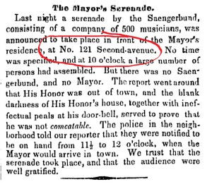 "The Mayor's residence" at "No. 121 Second-avenue" (New York Times, 25 July 1855).