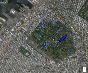 Ocean Hill (dark blue) situated in Green-Wood Cemetery (courtesy Google Maps).