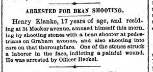 A 17-year-old Williamsburgh boy is arrested for using a bean-shooter. (Bklyn Daily Eagle, 21) September 1885
