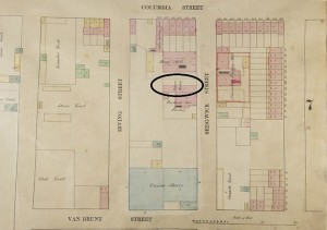 Map showing the location on Sedgewick Street where the rioters gathered before the tobacco factory (1860-61 Perris Map of Brooklyn).