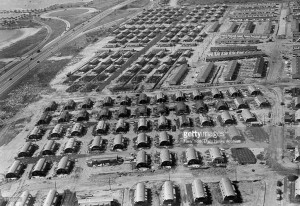 Aerial view of the temporary housing villages using quonset huts in Canarsie.