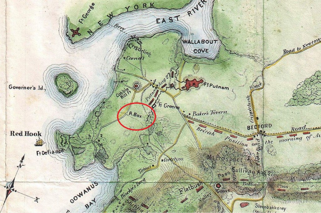 A 18th century Brooklyn map showing strategic  Revolutionary War positions, incl. Fort Box - the location of Boerum's Hill.