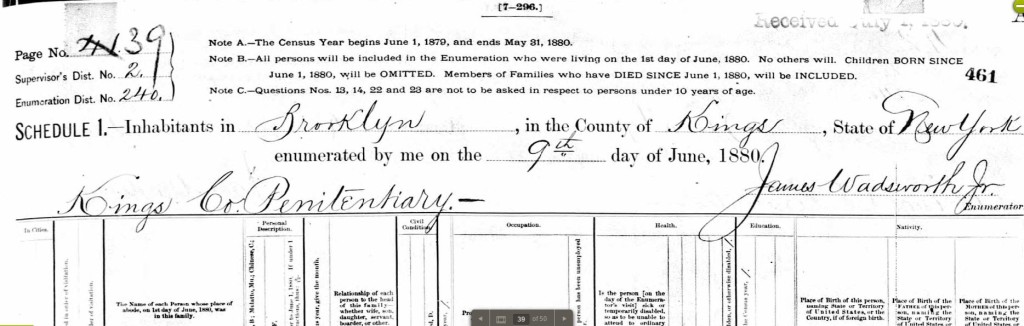 1880 Federal Census of the King's County Penitentiary.