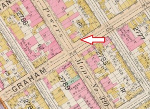 Myers's saloon at the corner of Graham and Grand aveneues (1898-99 Sanborn Insurance Map).