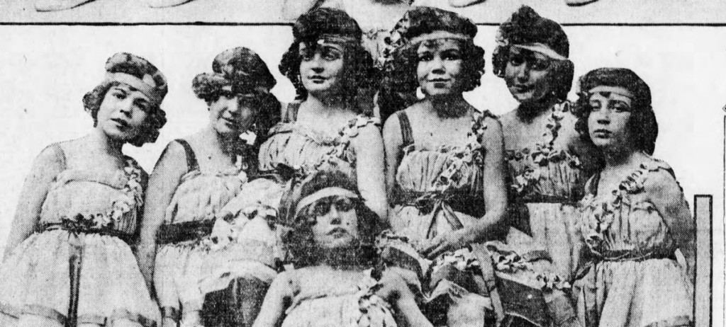 Poly Prep boys at a break in the rehearsal of their pony ballet. Left to right - Smith, Babcock, Davis, Carter, Tuttle, Cochevan, Krause, Frances. (Bklyn Daily Eagle, 16 February 1915)
