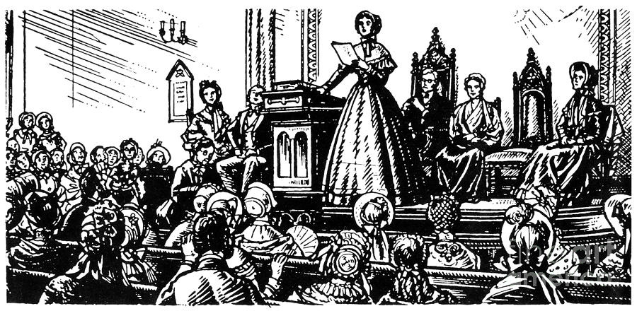 Elizabeth Cady Stanton addressing the first Women's Rights meeting at Seneca Falls, New York, on 20 June 1848. 